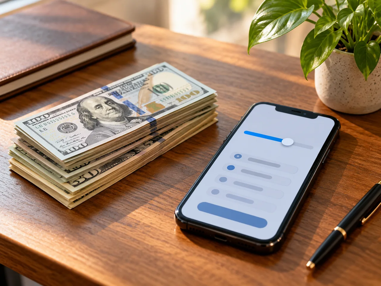 Stack of US dollar bills next to a phone showing a loan amount selector