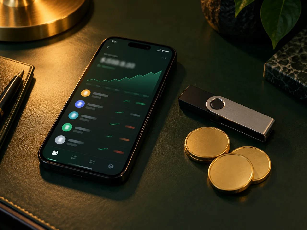 Phone showing a crypto wallet beside a hardware wallet and gold coins