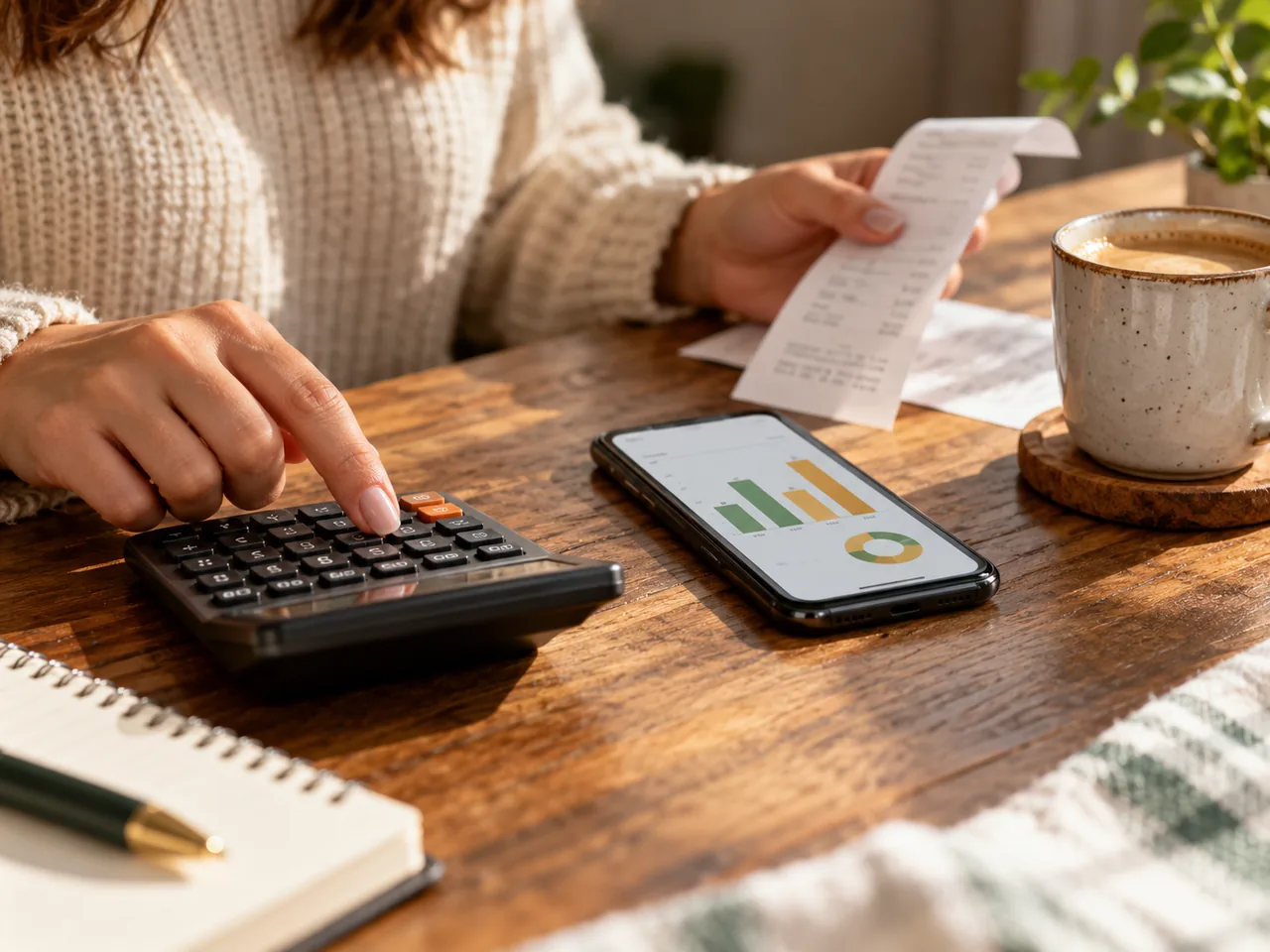 Calculator, receipt and phone showing a loan cost breakdown
