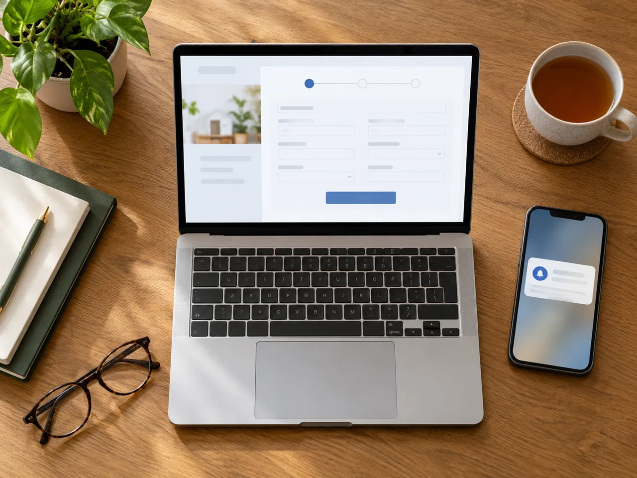 Laptop and phone showing an online loan request form on a desk