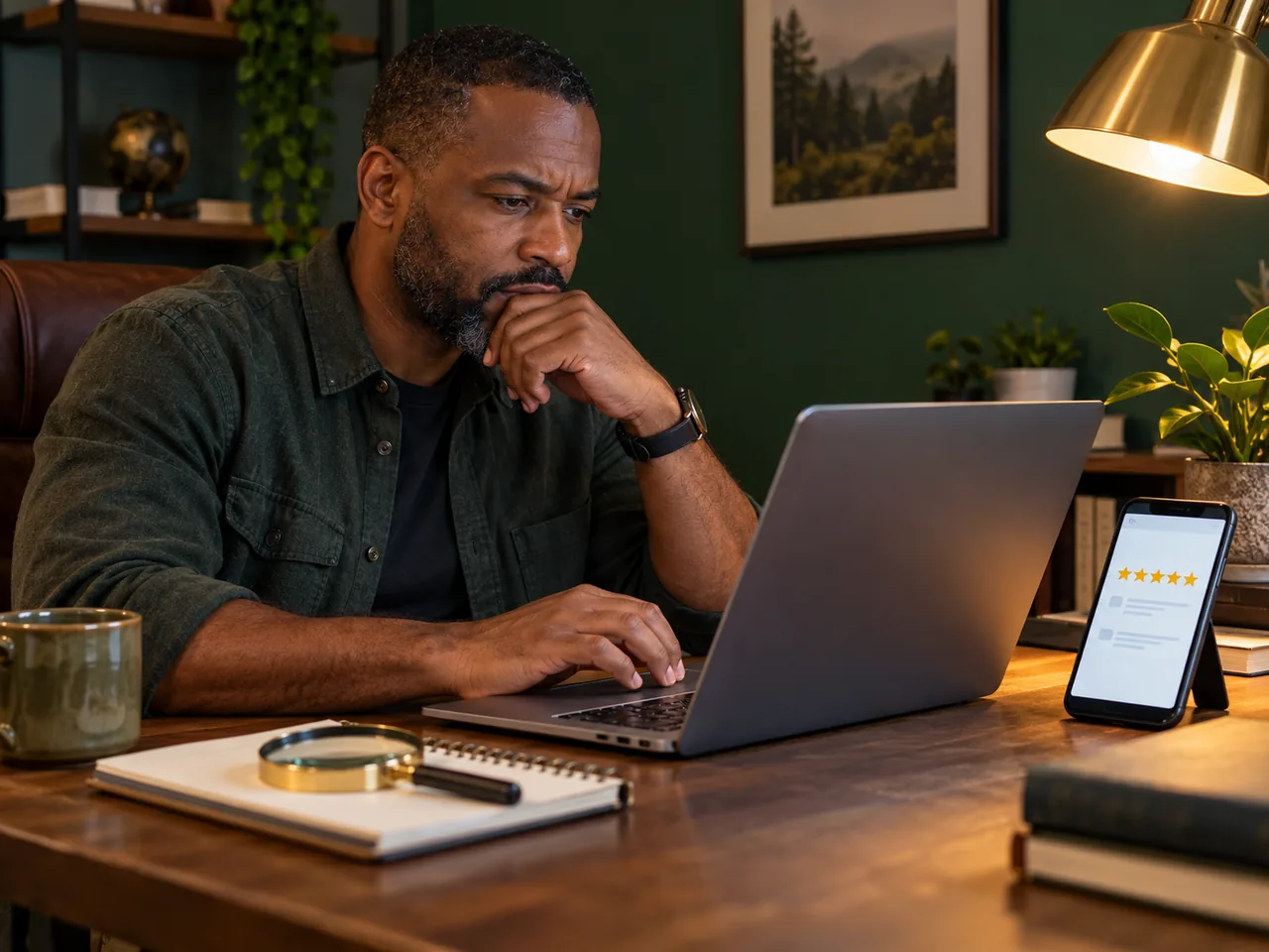 Person researching app reviews on a laptop