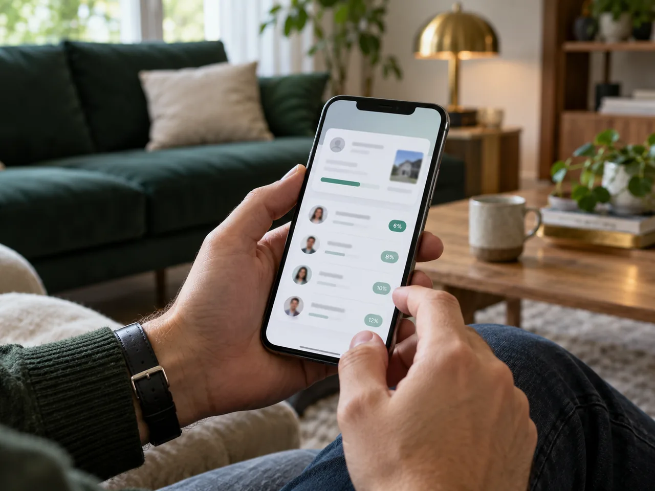 Hands holding a phone showing a lending app screen