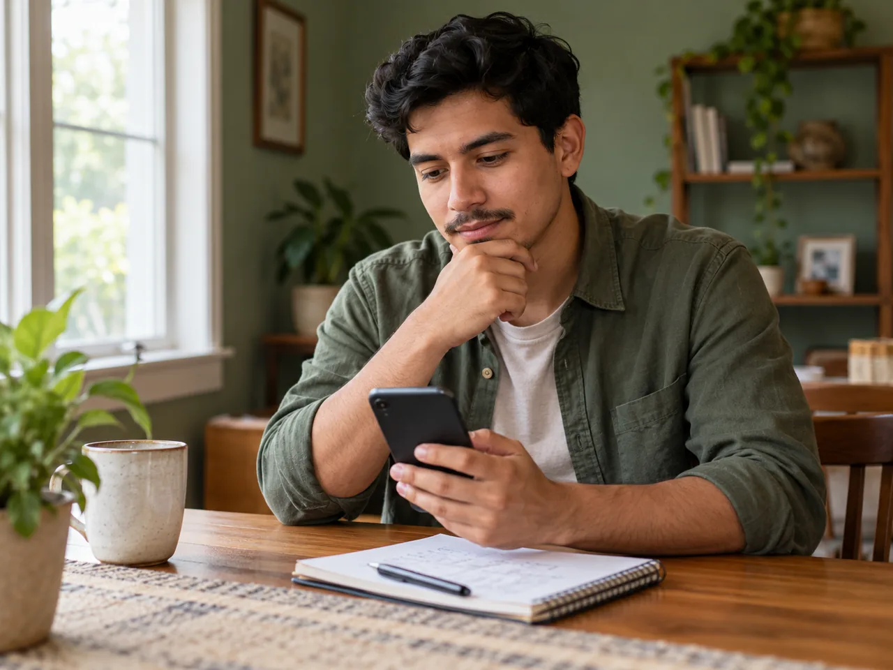 Borrower weighing a loan offer on a phone at home