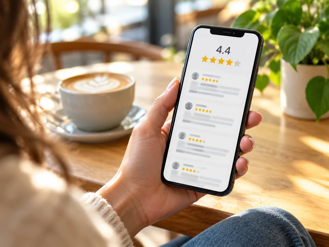 Phone showing a 4.4-star rating with review cards