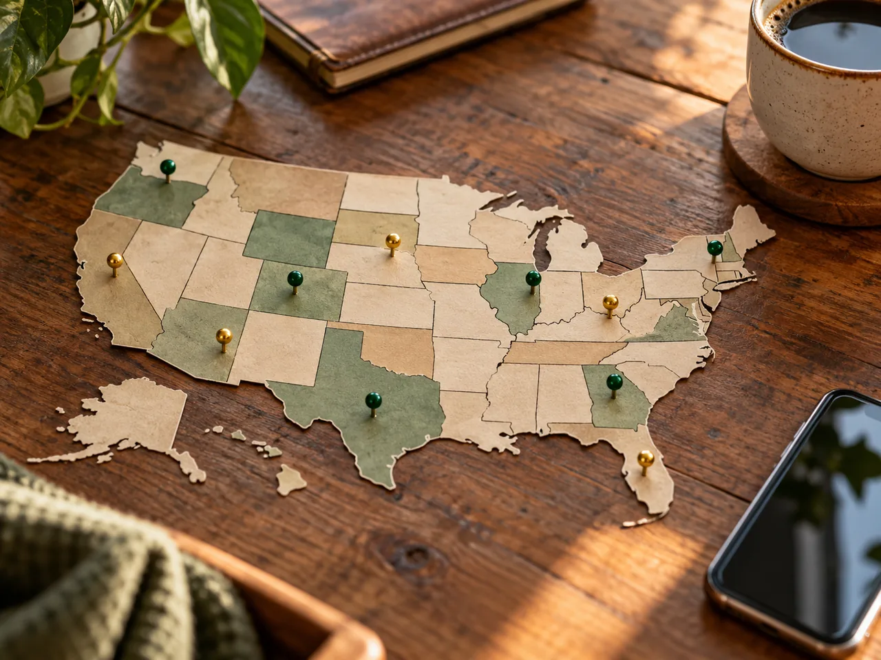 Paper map of the United States with green and gold pins marking states